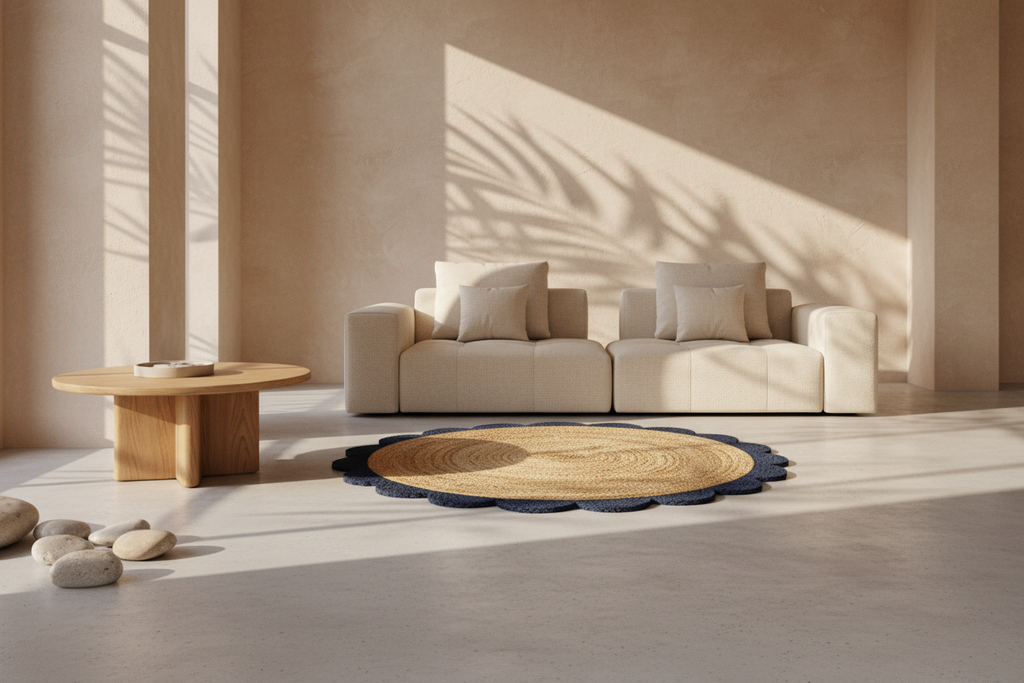 A modern living room scene with a cream sectional sofa, a round wooden coffee table, a round woven jute rug with a navy scalloped edge, and warm sunlight casting palm leaf shadows on a textured beige wall and concrete floor.