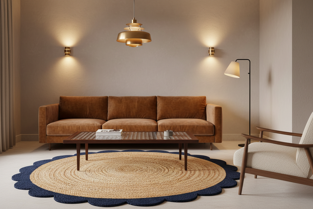 A styled living room scene featuring a brown velvet sofa as the main furniture piece, placed on a round natural jute rug with a navy blue scalloped edge. A glass-top coffee table sits in front of the sofa, and a cream mid-century modern armchair is on the right.