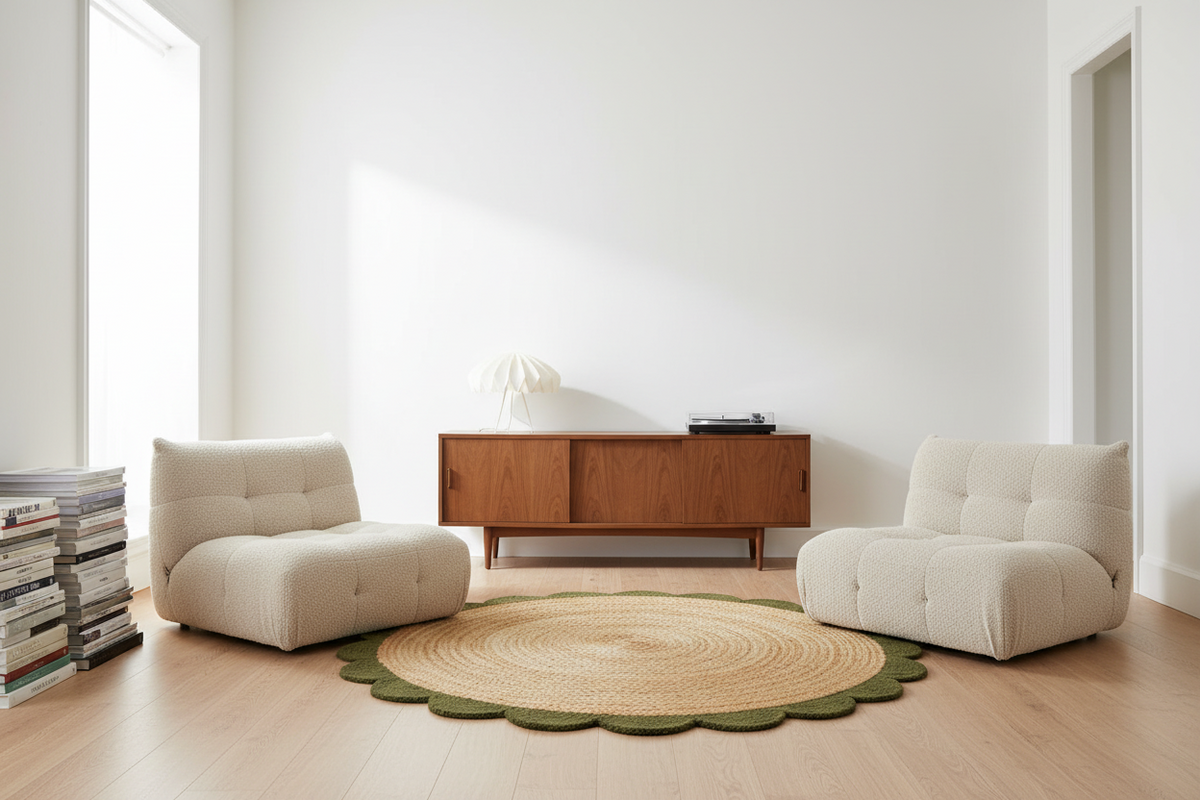 A modern living room setup featuring two cream tufted lounge chairs facing a round scalloped jute rug with a green edge, positioned in front of a mid-century wooden sideboard.