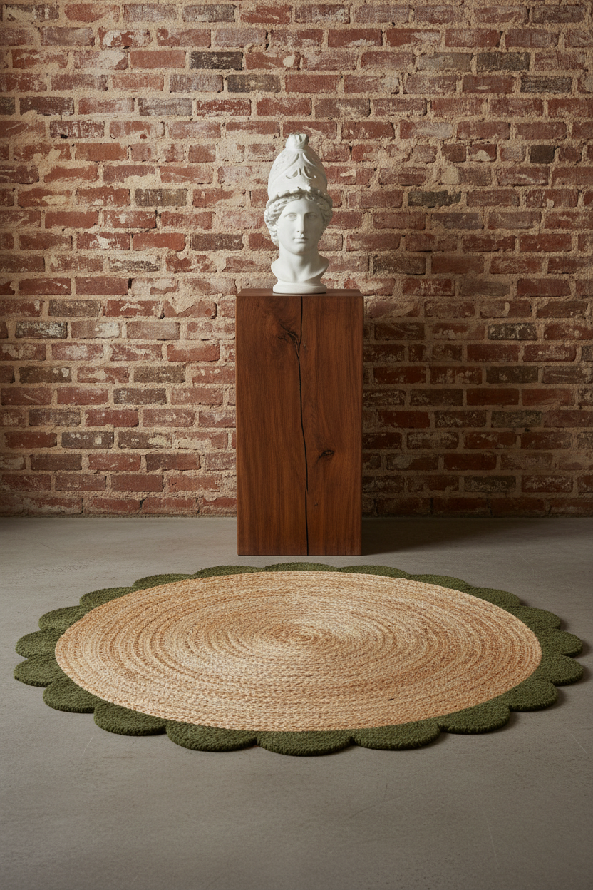 A round woven rug with a scalloped olive green edge and a natural tan center, displayed on a concrete floor in front of a brick wall. A wooden pedestal with a white bust sculpture stands behind the rug.