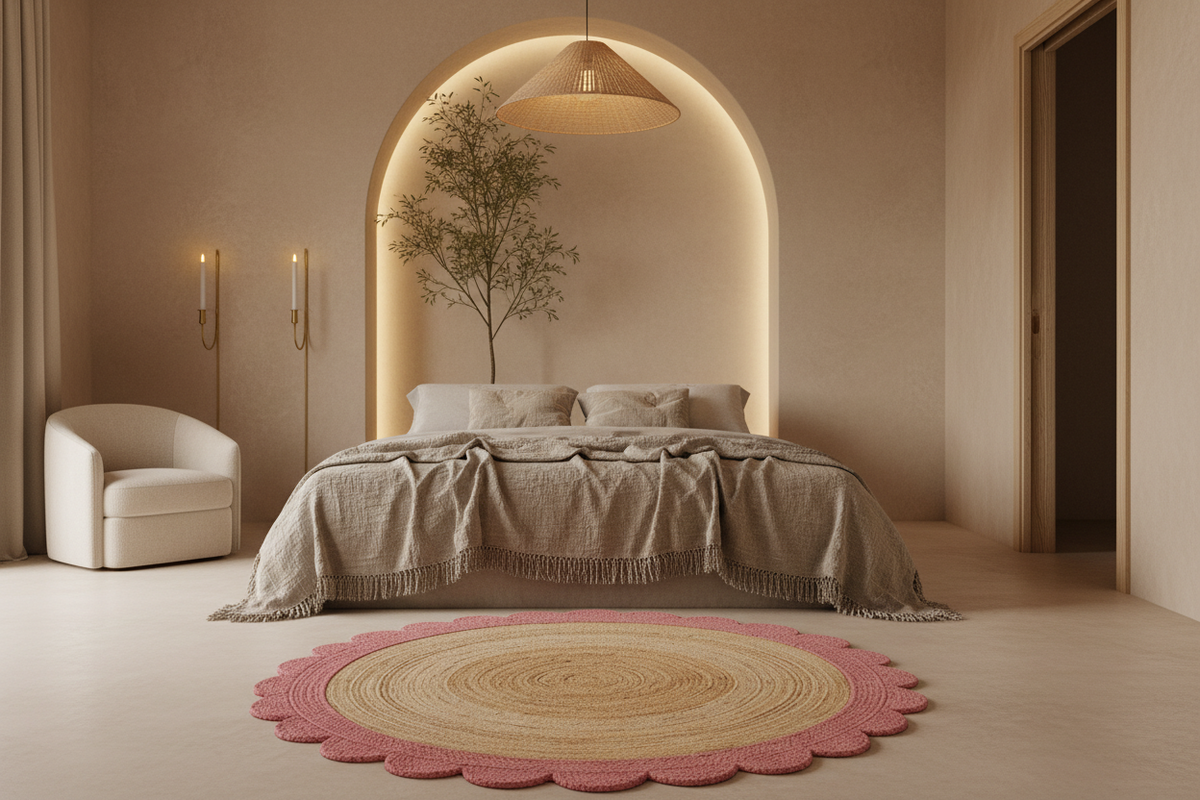 A styled bedroom interior with a bed dressed in neutral beige textiles, a pink scalloped round rug in the foreground, a white armchair, and warm ambient lighting in a softly designed room.