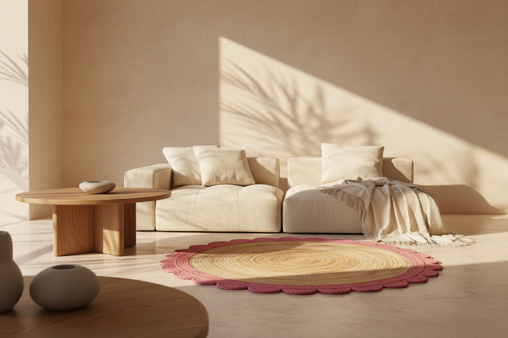 A styled interior scene with a cream sectional sofa, a round scalloped pink-and-cream rug, a light wood coffee table, and warm sunlight casting leaf shadows on a beige wall.