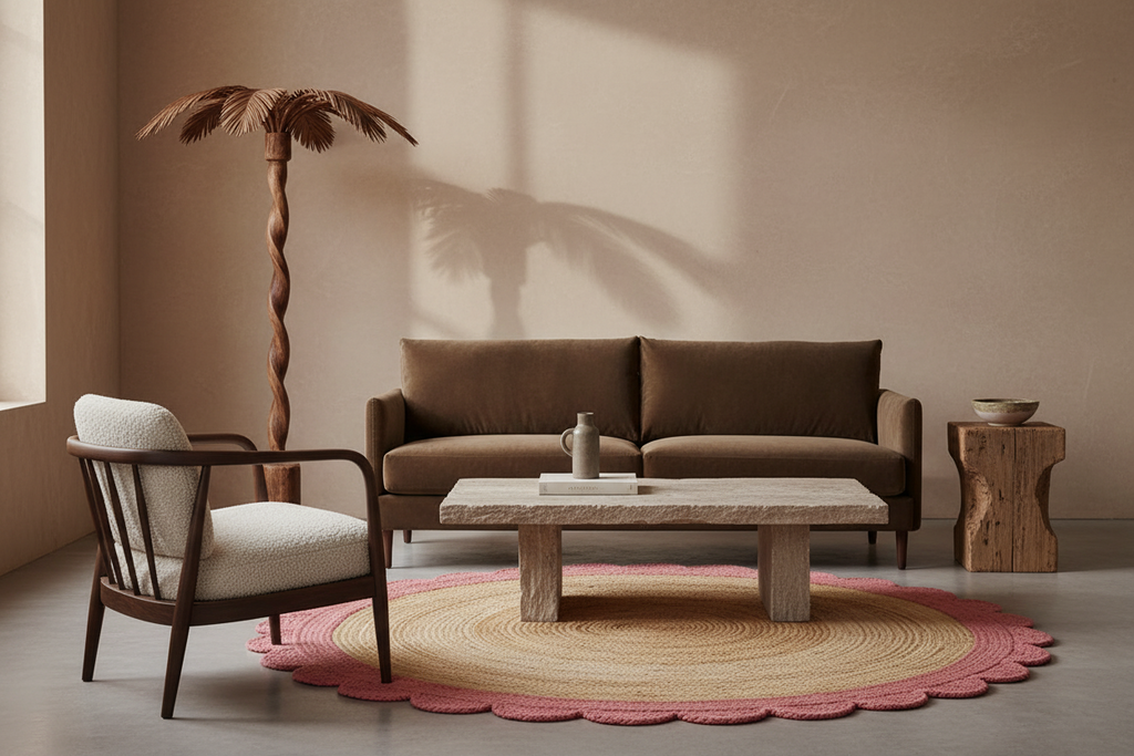 A styled living room scene featuring a brown fabric sofa, a matching armchair with cream upholstery, a rustic stone coffee table, a pink and beige scalloped round rug, a wooden side table, and a decorative palm tree against a warm beige wall.