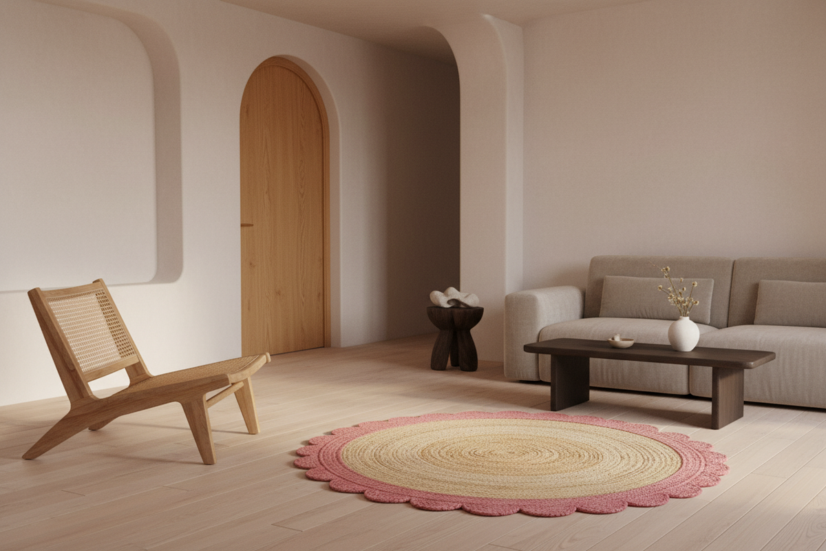 A modern living room scene with a round braided rug in pink and beige, a light wood lounge chair, a beige sofa, and a dark wood coffee table against warm beige walls.