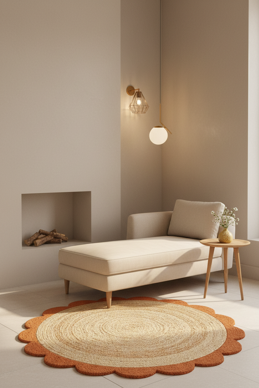 A modern minimalist living room corner featuring a cream chaise lounge, a scalloped round woven rug in beige and terracotta, a small wooden side table with a vase of flowers, and a recessed fireplace niche on the left.
