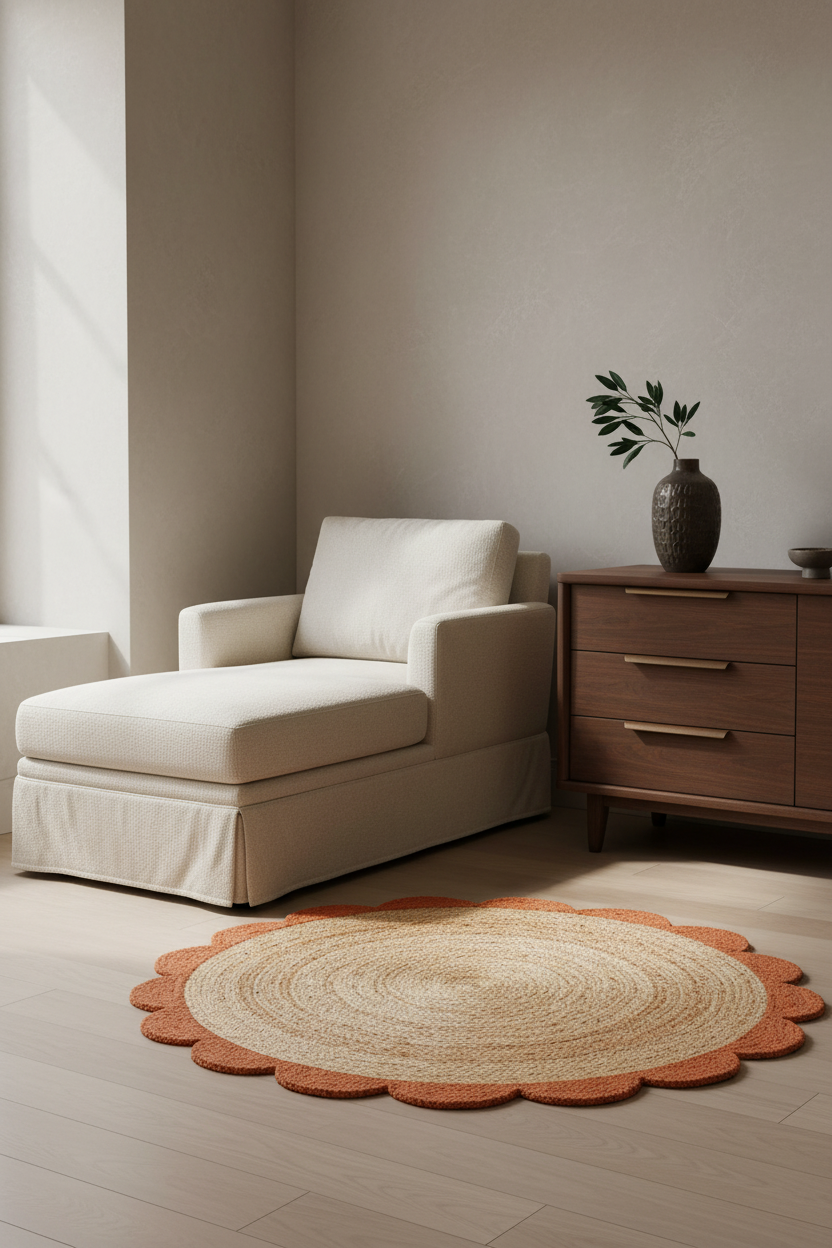 A round scalloped-edge jute rug in natural beige and terracotta orange, styled on a light wood floor in a minimalist, warm-toned room next to a cream slipcovered armchair and a dark wood cabinet.