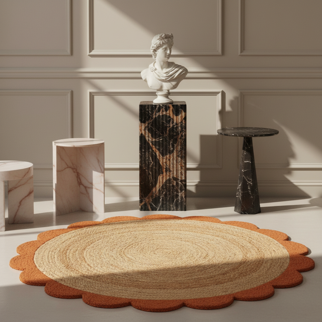 A round braided area rug with a scalloped edge in natural straw and rust orange, styled in a modern, sunlit room with marble side tables and a classical bust sculpture.