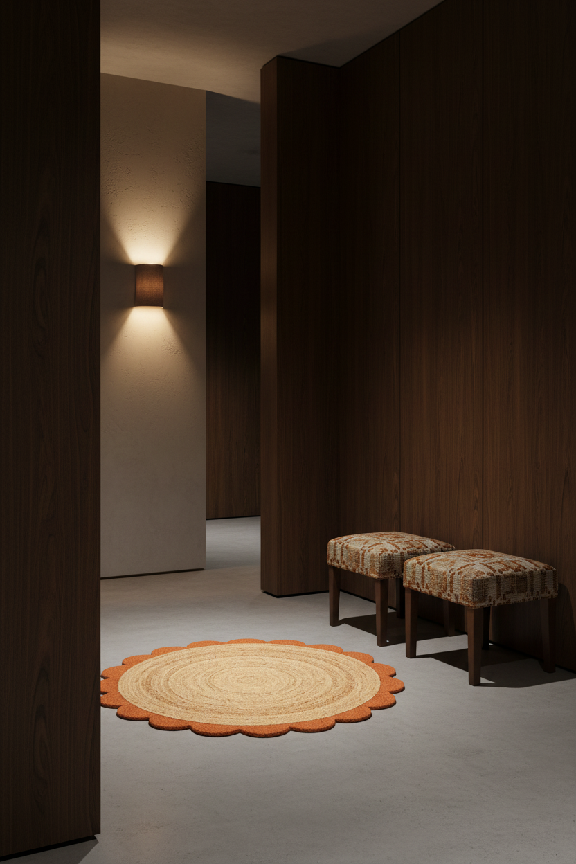 A styled interior scene showing a round scalloped woven rug in warm orange and beige tones on a concrete floor, with two upholstered wooden stools against a dark wood-paneled wall and a wall-mounted light casting a warm glow.