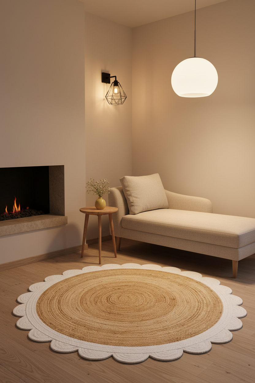 A modern living room corner featuring a round scalloped-edge jute rug on a light wood floor, a cream chaise lounge, a small wooden side table with a vase, a wall sconce, and a glowing spherical pendant light.