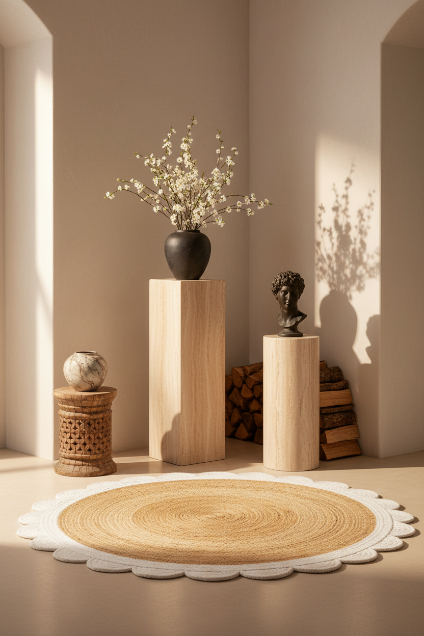 A styled interior scene with a round woven rug in the foreground, wooden pedestals, a black vase with dried white flowers, a small sculpture, stacked books, and warm sunlight casting shadows on beige walls.