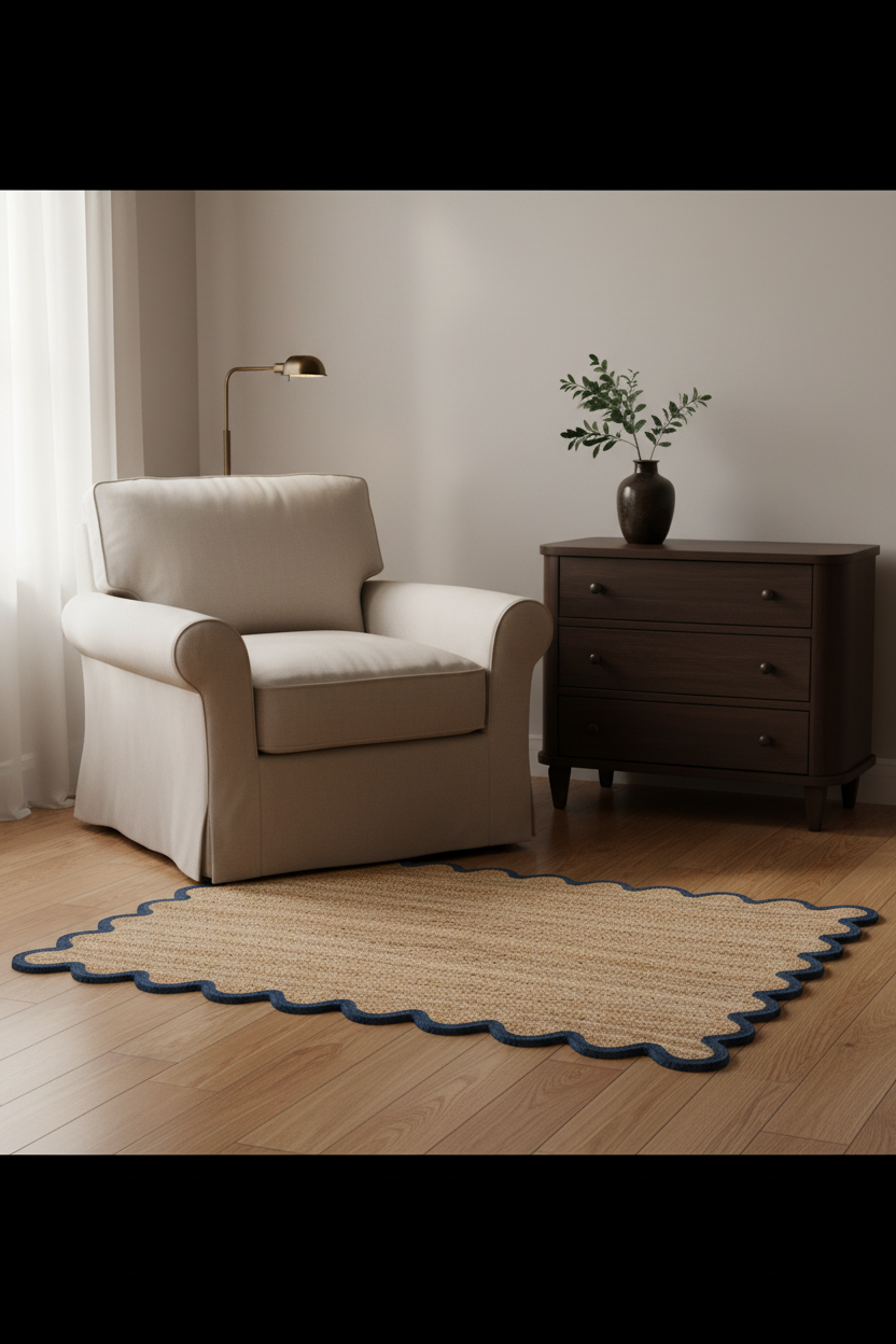 A styled interior scene showing a beige upholstered armchair beside a dark wood three-drawer cabinet with a vase of greenery on top, set on a light wood floor with a scalloped natural-fiber rug in front.