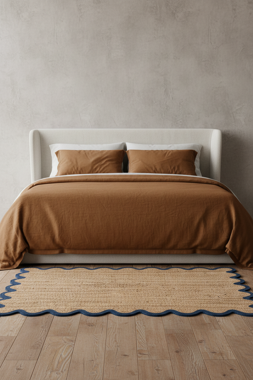 A styled bedroom scene featuring a bed dressed in a rust-brown linen duvet and matching pillowcases, set against a textured light gray wall and light wood flooring. A natural woven jute rug with a blue scalloped edge lies at the foot of the bed.