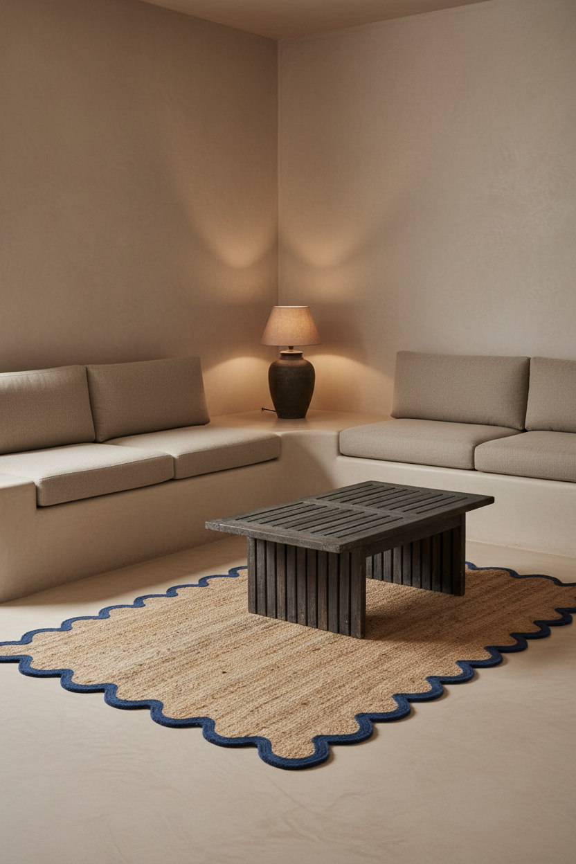 A modern minimalist living room corner featuring a dark gray slatted coffee table on a beige woven rug with a blue scalloped edge, set between two beige sectional sofas under a warm glowing table lamp.