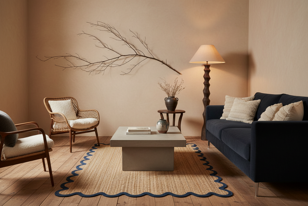 A styled living room scene with a navy blue sofa, two wooden-framed chairs, a low concrete coffee table, a patterned area rug, a floor lamp, and a wall-mounted decorative branch against a warm beige wall.