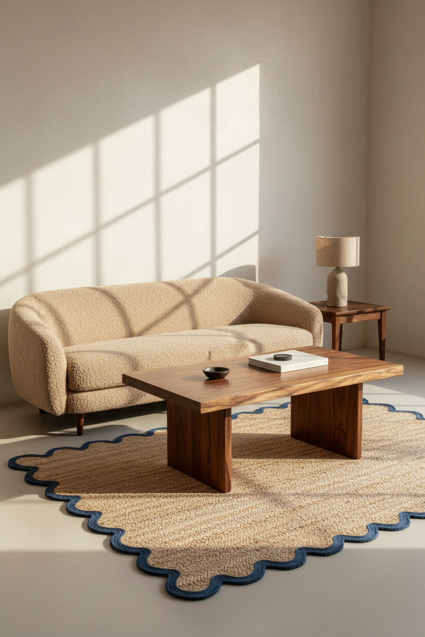 A modern living room scene featuring a beige bouclé sofa, a wooden coffee table, a scalloped jute rug with a blue border, and a side table with a lamp, under warm window shadow light.