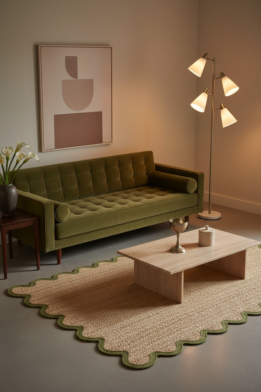 A styled living room scene featuring an olive green tufted velvet sofa as the main product, placed on a beige scalloped rug next to a wooden coffee table and a lit floor lamp.