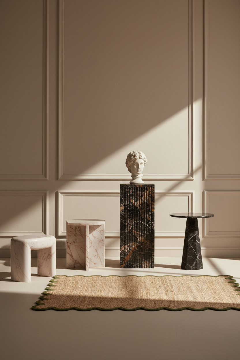 A styled interior scene with multiple furniture pieces and decor objects arranged on a beige floor against a paneled wall. Visible items include a woven rug, a marble side stool, a sculptural bust on a narrow dark pedestal, a round marble side table, and a rectangular marble side table.