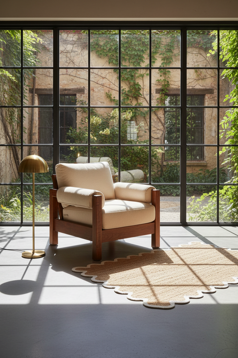 A cream upholstered armchair with a dark wood frame sits in a sunlit room with large black-framed windows overlooking a garden courtyard. A brass floor lamp stands beside it, and a woven scalloped rug lies on the floor.