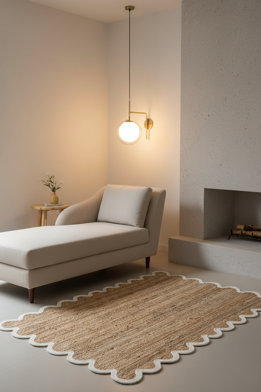 A modern living room corner featuring a beige chaise lounge, a scalloped natural jute area rug with a white border, a warm brass pendant light, and a built-in stone fireplace.