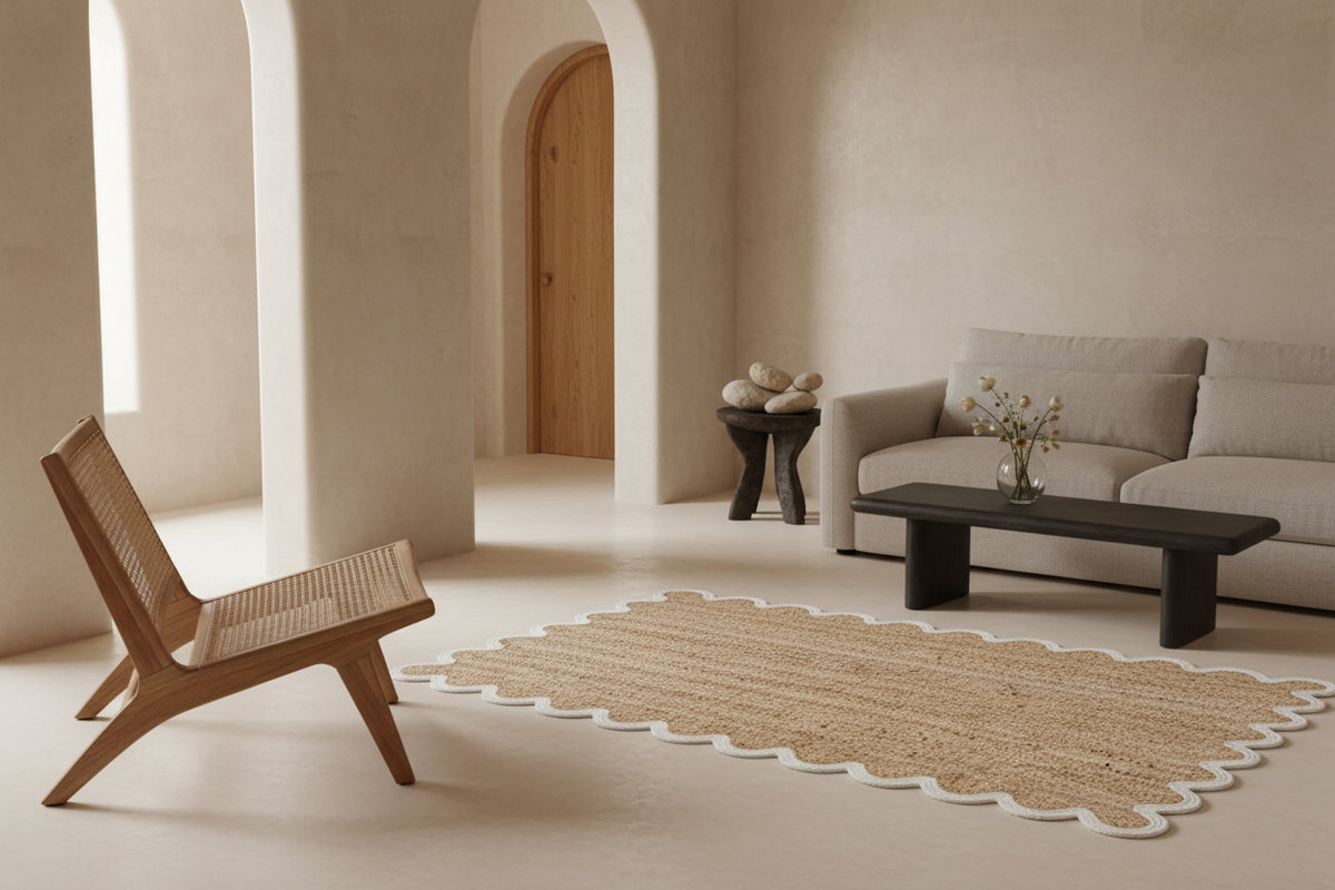A styled interior scene with a woven natural-fiber area rug featuring a scalloped white edge, placed in a minimalist room with a beige sofa, black coffee table, and wooden chair.