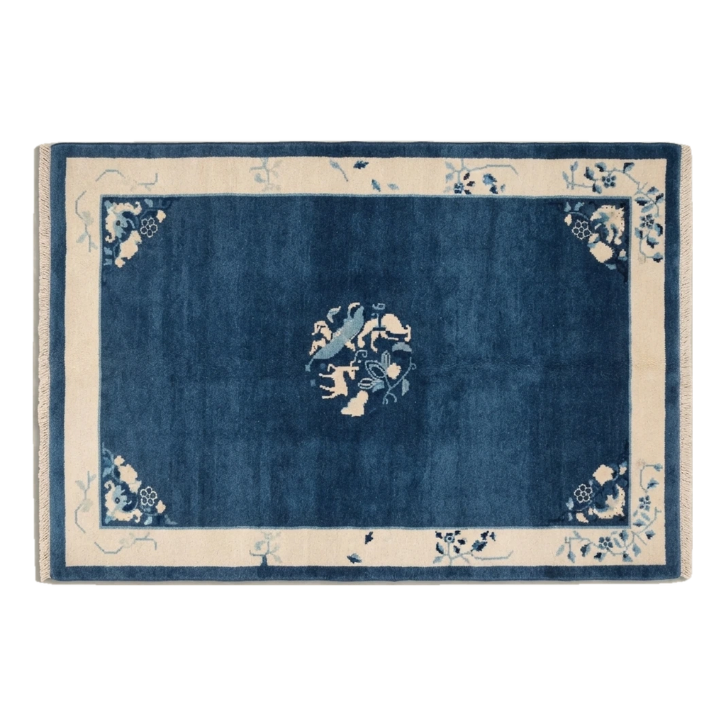 Navy Blue Chinese Art Deco Hand-Knotted Rug with Ivory Border - alternate view