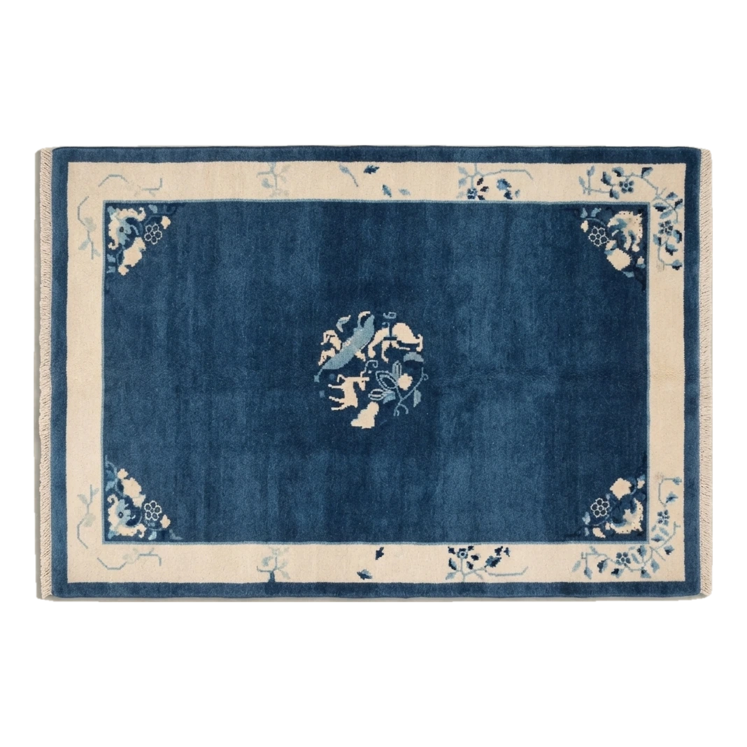 Navy Blue Chinese Art Deco Hand-Knotted Rug with Ivory Border - alternate view
