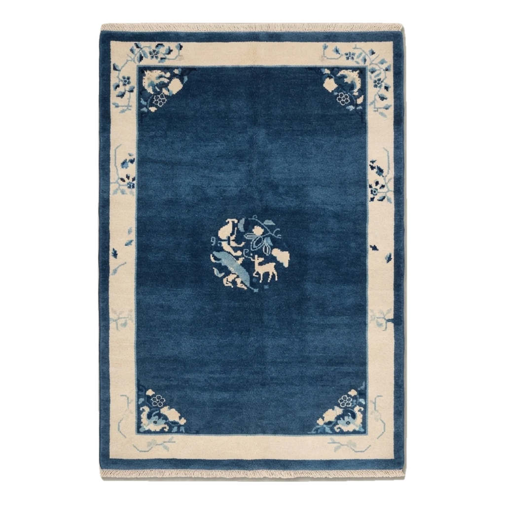 Navy Blue Chinese Art Deco Hand-Knotted Rug with Ivory Border