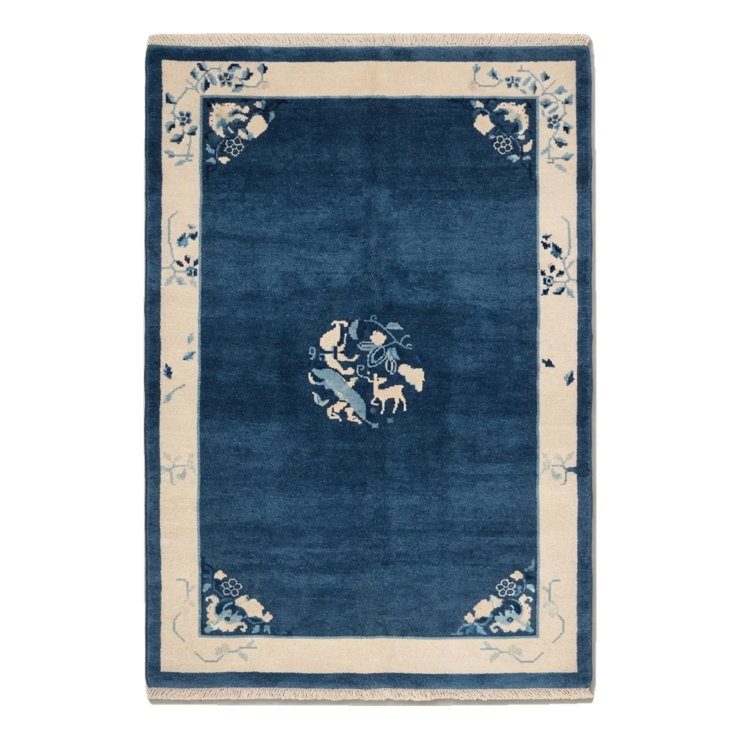 Navy Blue Chinese Art Deco Hand-Knotted Rug with Ivory Border