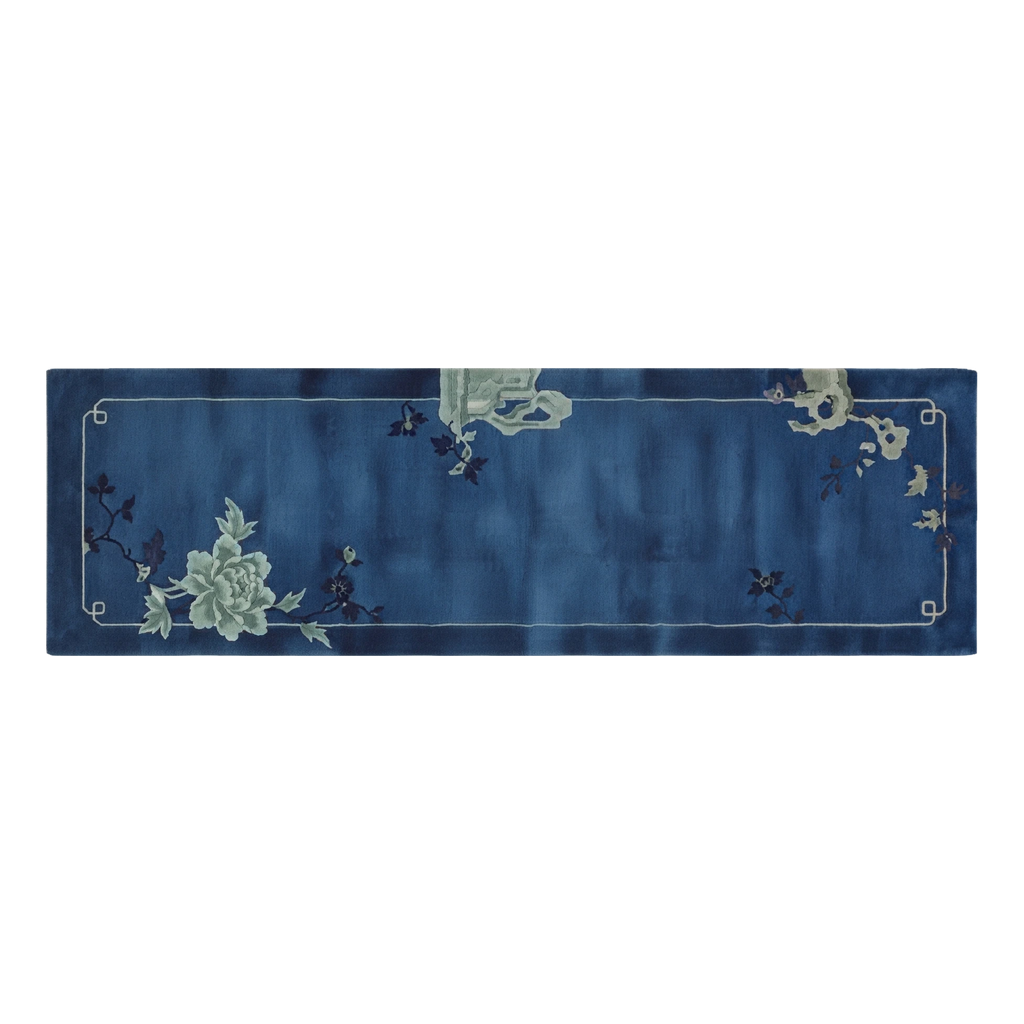 Navy Blue Chinese Art Deco Hand-Knotted Runner with Sage Peonies - alternate view