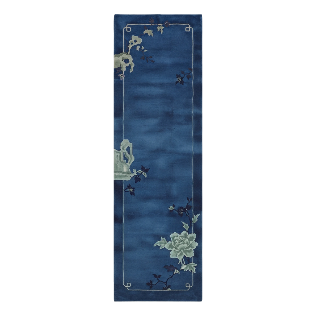 Navy Blue Chinese Art Deco Hand-Knotted Runner with Sage Peonies