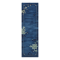 Navy Blue Chinese Art Deco Hand-Knotted Runner with Sage Peonies