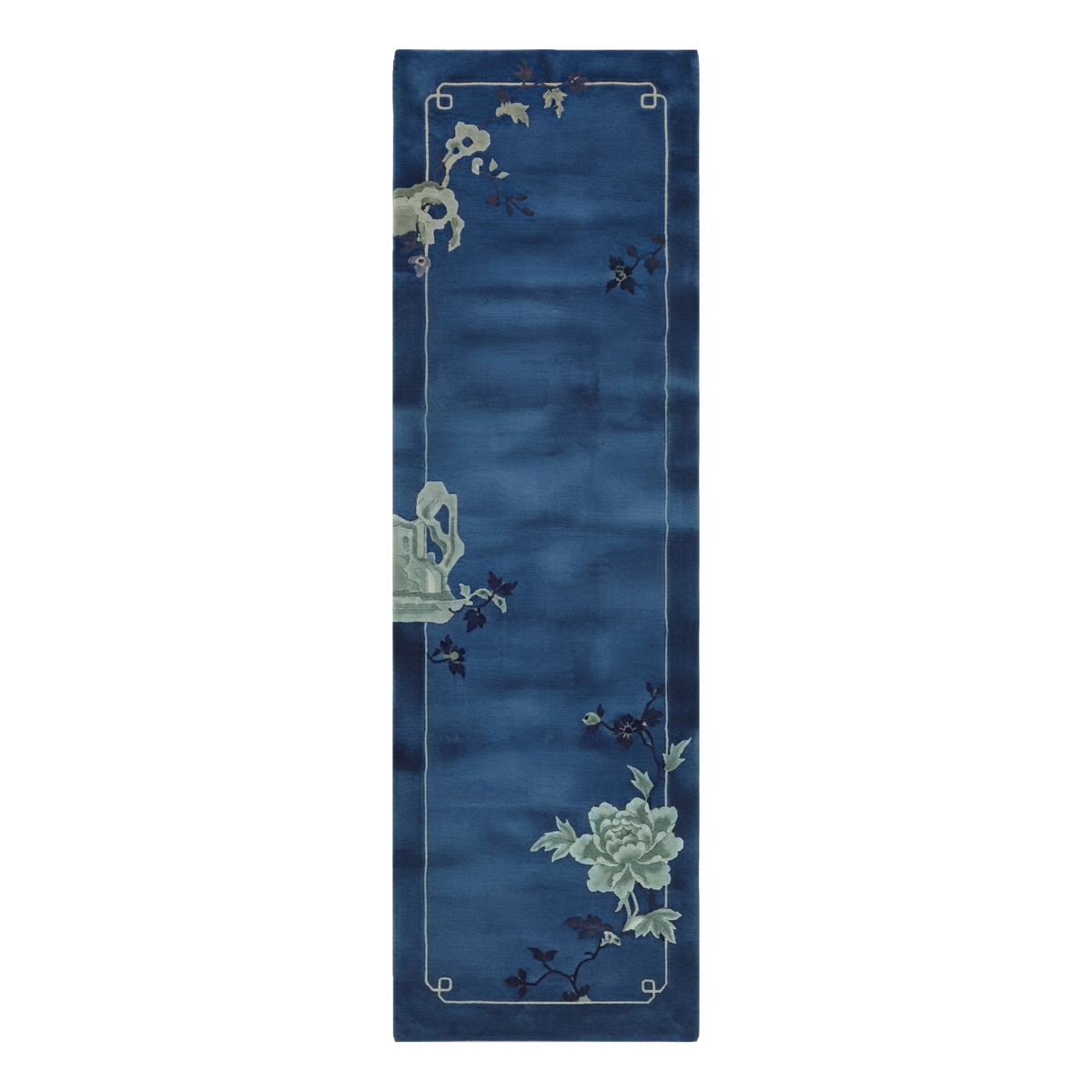 Navy Blue Chinese Art Deco Hand-Knotted Runner with Sage Peonies