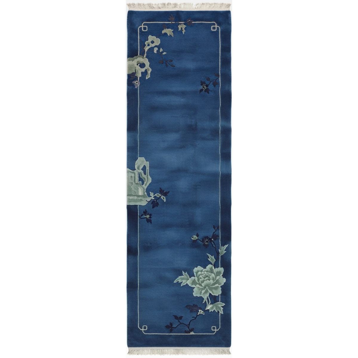 Navy Blue Chinese Art Deco Hand-Knotted Runner with Sage Peonies - studio photo