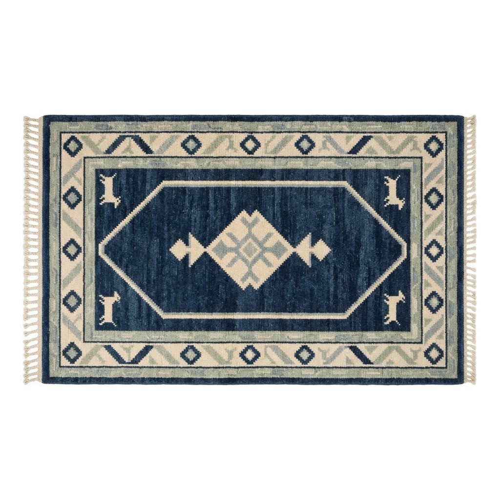 Navy Hand-Knotted Rug with Ivory Octagon and Animal Motifs - alternate view