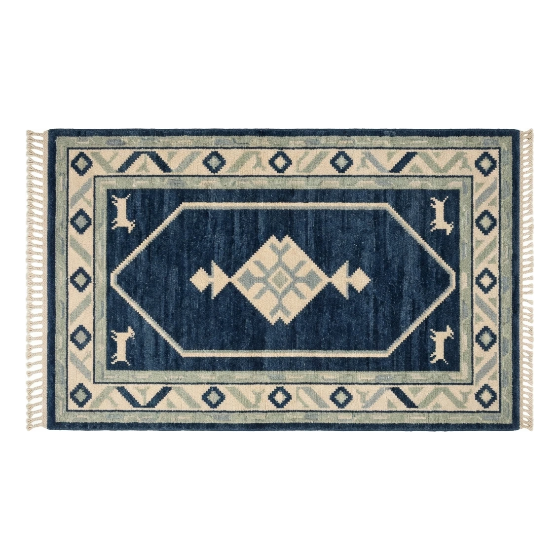 Navy Hand-Knotted Rug with Ivory Octagon and Animal Motifs - alternate view