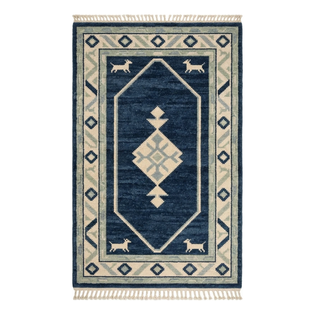 Navy Hand-Knotted Rug with Ivory Octagon and Animal Motifs