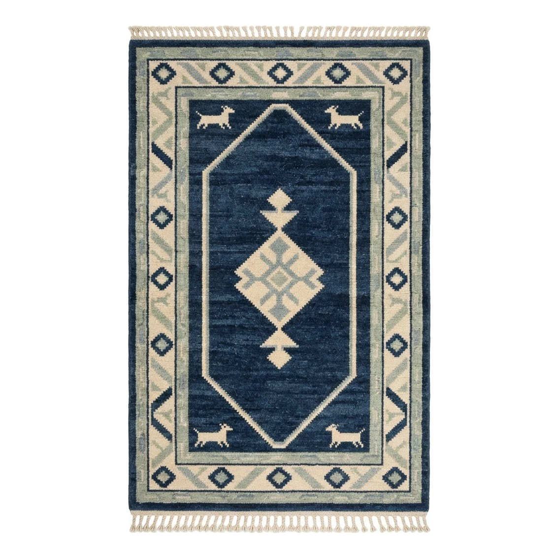 Navy Hand-Knotted Rug with Ivory Octagon and Animal Motifs