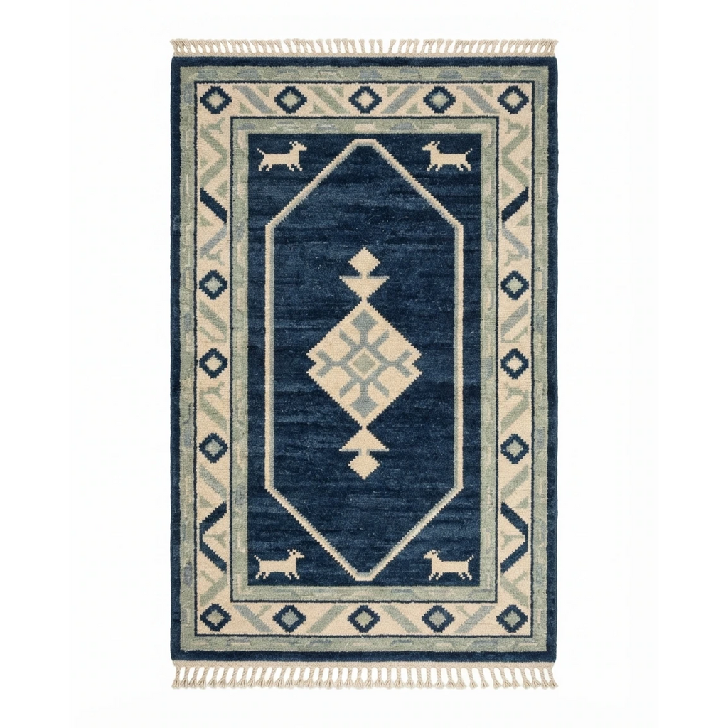 Navy Hand-Knotted Rug with Ivory Octagon and Animal Motifs - studio photo