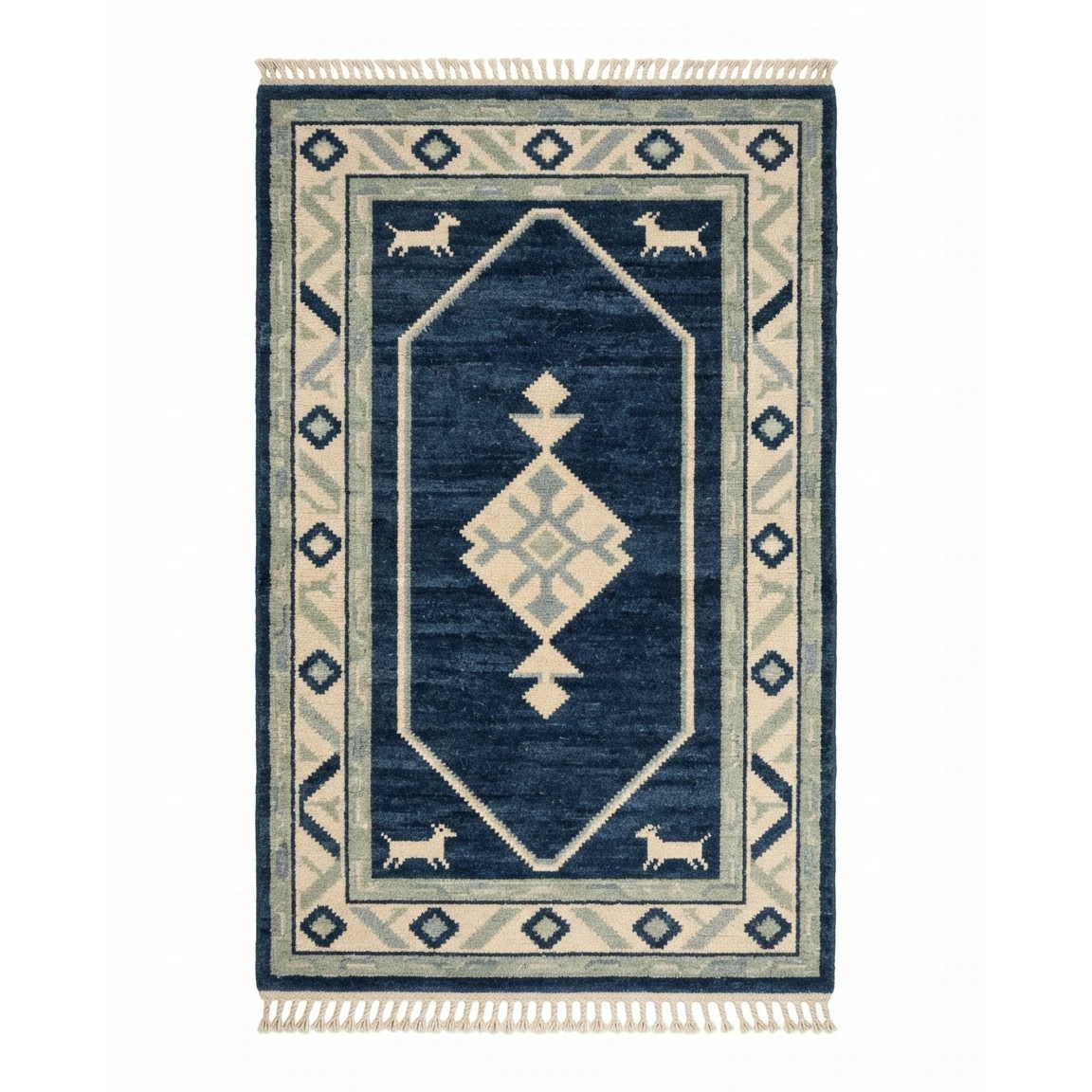 Navy Hand-Knotted Rug with Ivory Octagon and Animal Motifs - studio photo