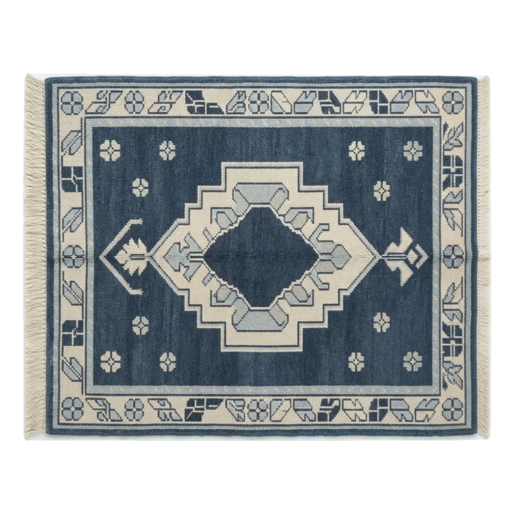 Navy Hand-Knotted Rug with Ivory Stepped Medallion - alternate view