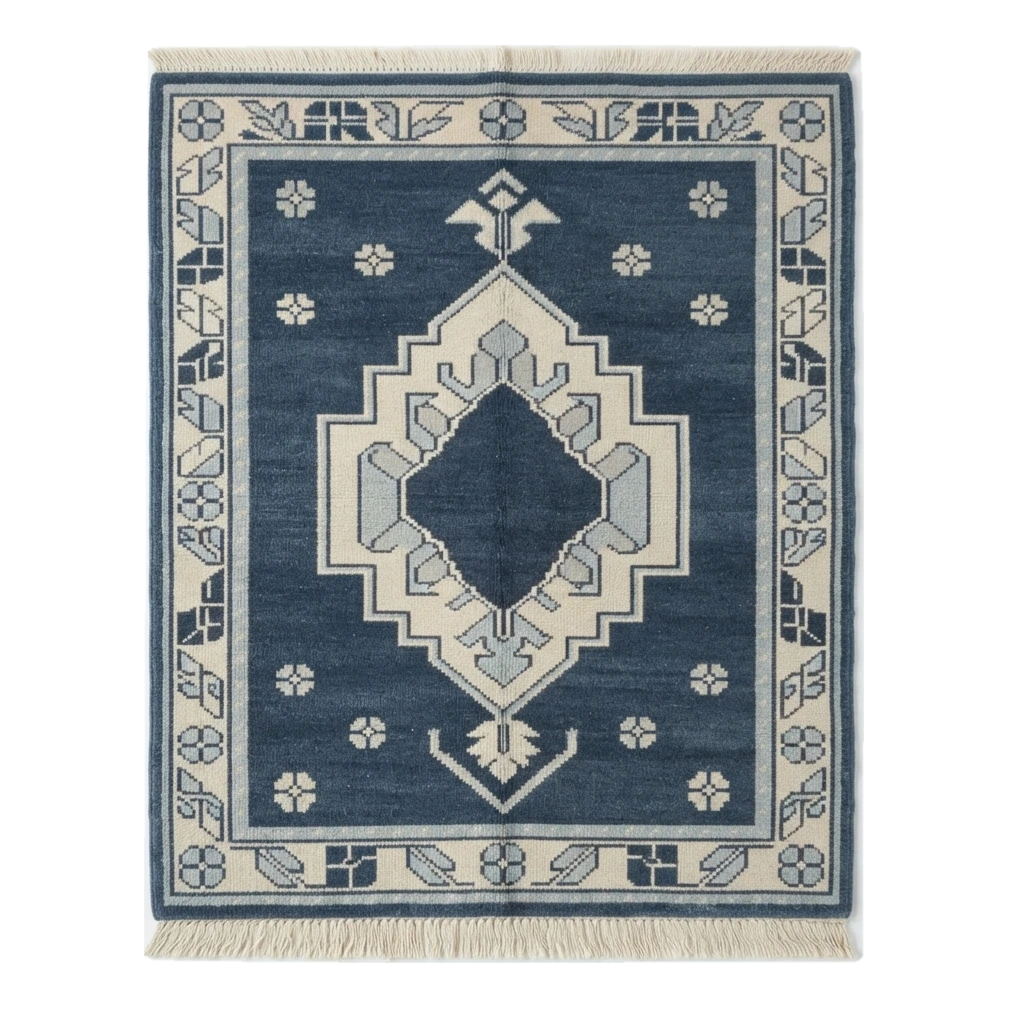 Navy Hand-Knotted Rug with Ivory Stepped Medallion