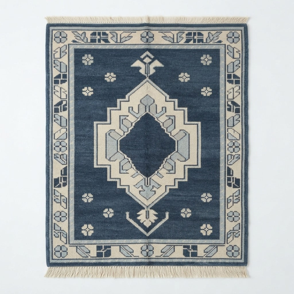 Navy Hand-Knotted Rug with Ivory Stepped Medallion - studio photo