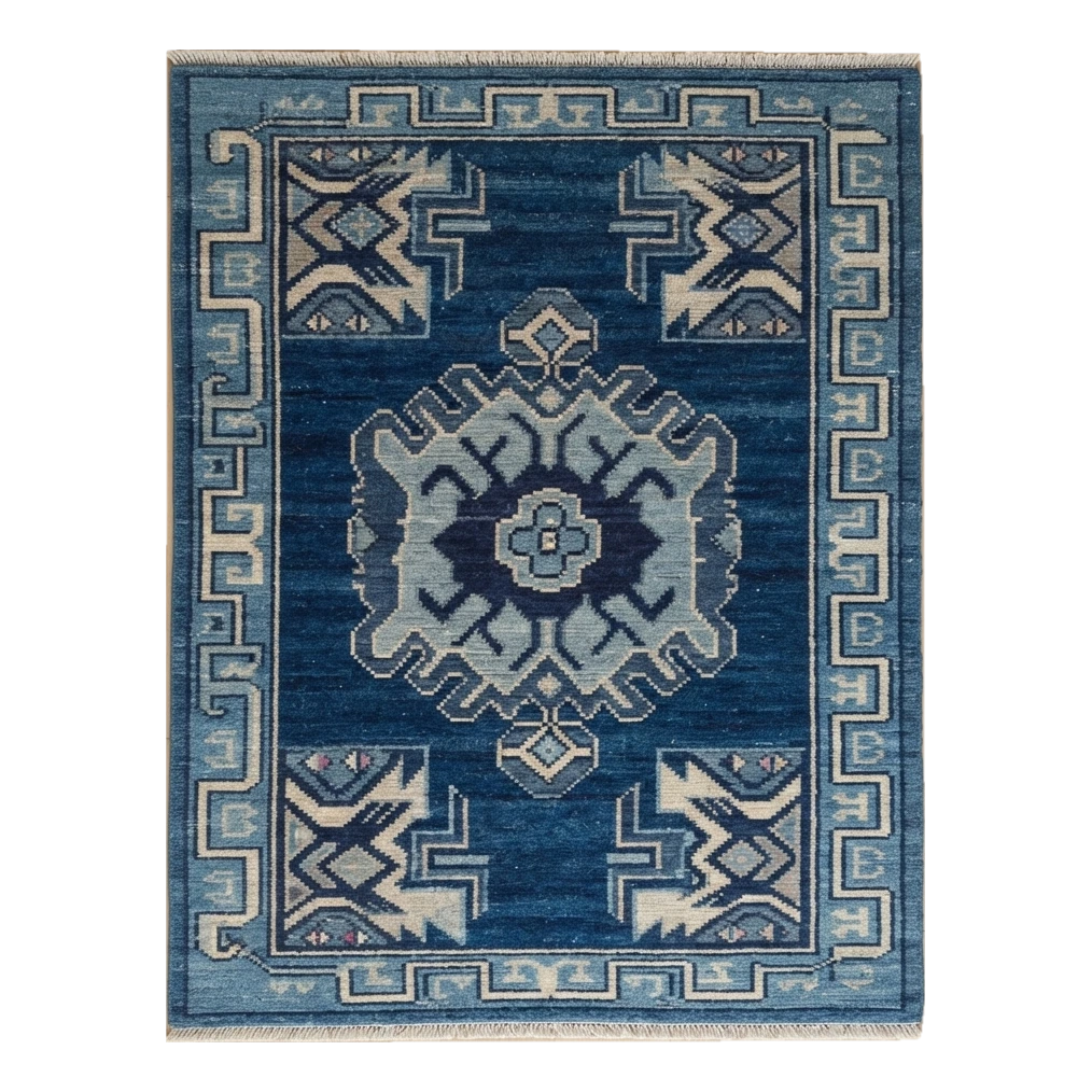 Navy Hand-Knotted Rug with Powder Blue Medallion and Greek Key Border - alternate view