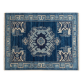 Navy Hand-Knotted Rug with Powder Blue Medallion and Greek Key Border
