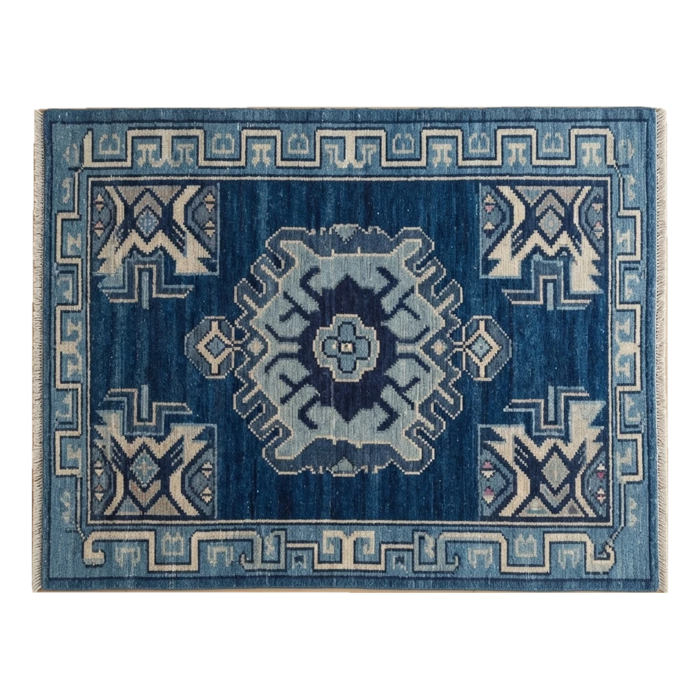 Navy Hand-Knotted Rug with Powder Blue Medallion and Greek Key Border