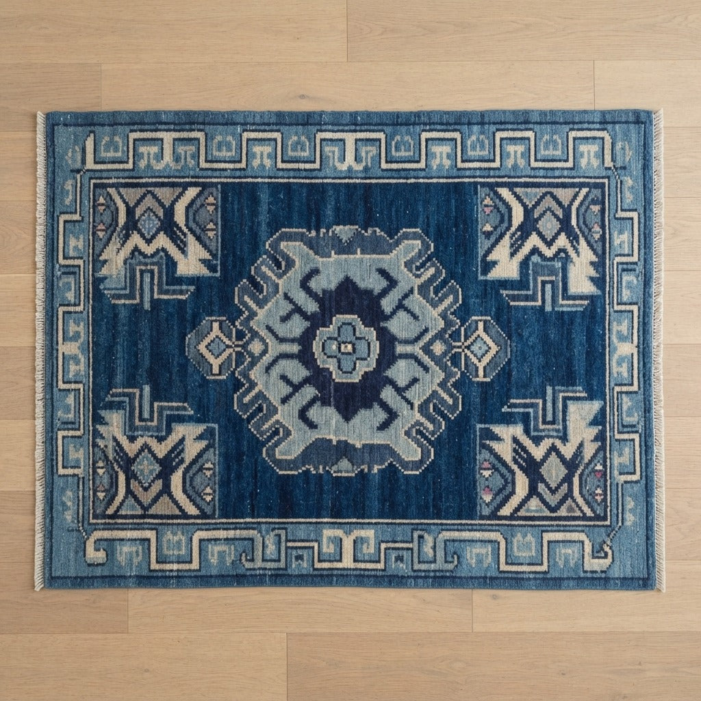 Navy Hand-Knotted Rug with Powder Blue Medallion and Greek Key Border - studio photo