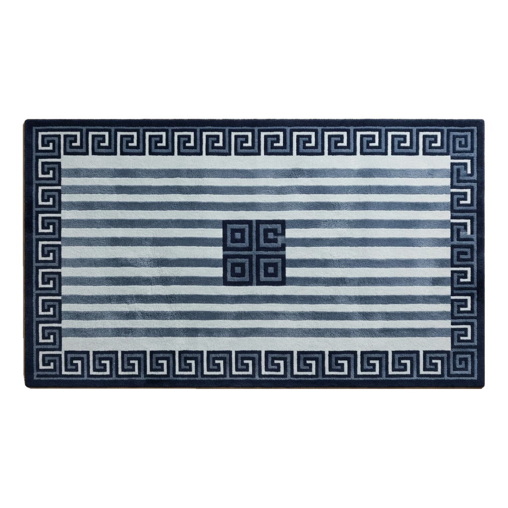 Navy and Ivory Striped Hand-Tufted Runner with Greek Key Border - alternate view