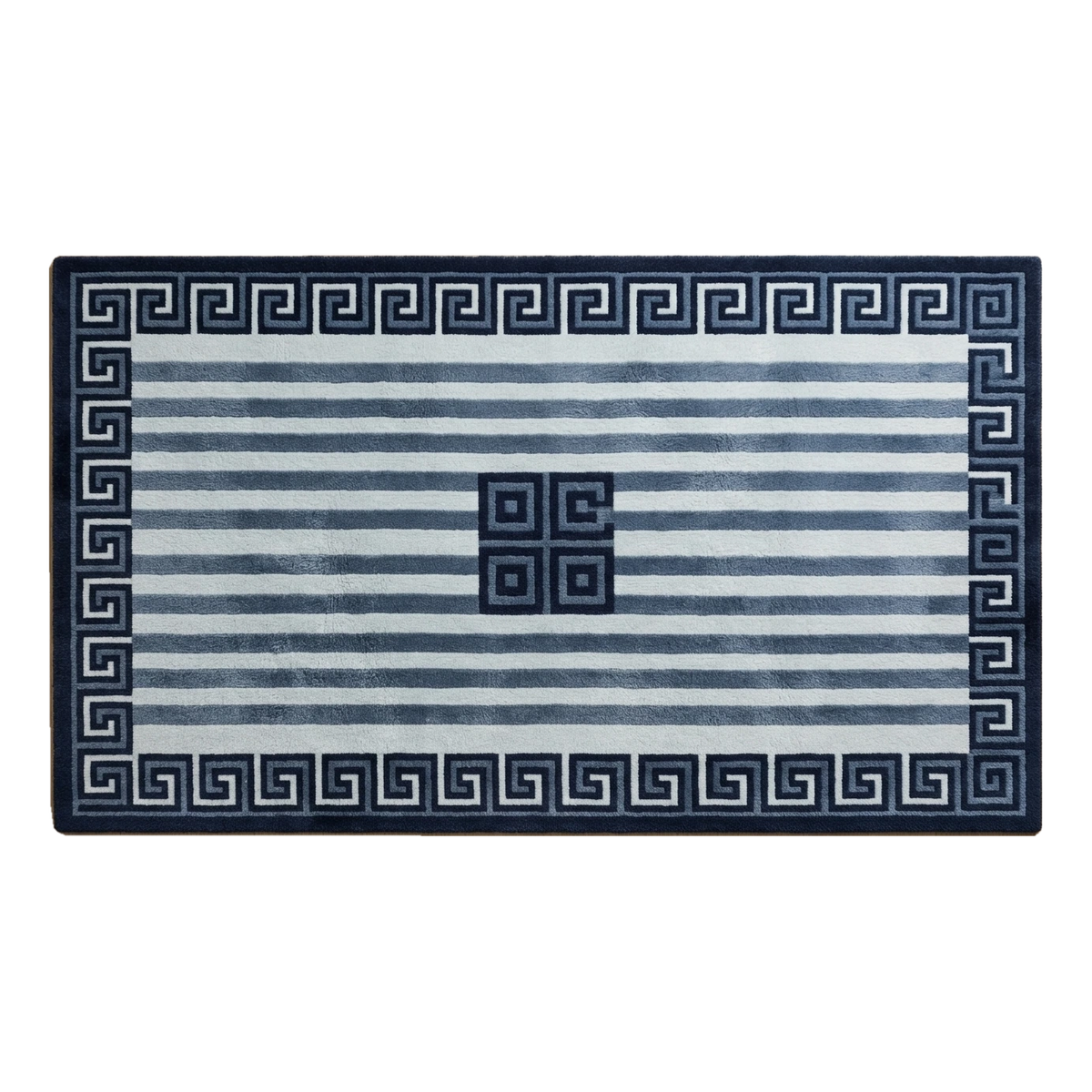 Navy and Ivory Striped Hand-Tufted Runner with Greek Key Border - alternate view