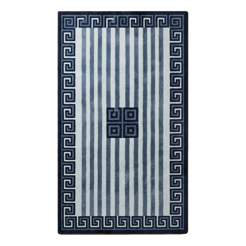 Navy and Ivory Striped Hand-Tufted Runner with Greek Key Border
