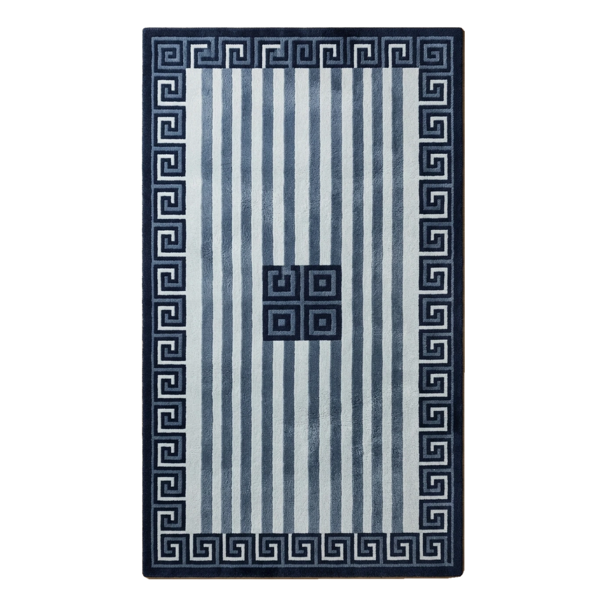 Navy and Ivory Striped Hand-Tufted Runner with Greek Key Border